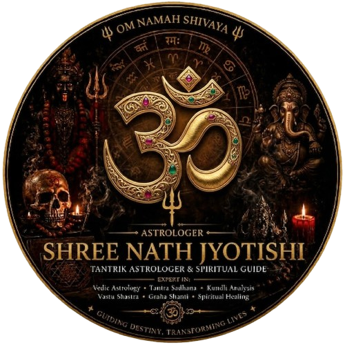 Professional logo for Shree Nath Jyotishi, featuring an Om symbol and spiritual elements for an expert Tantrik astrologer and spiritual guide.